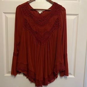 Burgundy long sleeve lace detail womens top shirt size L Ultra Pink
